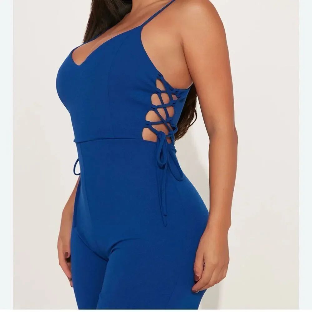 Elegant Blue Jumpsuit with Side Lace-Up Detail